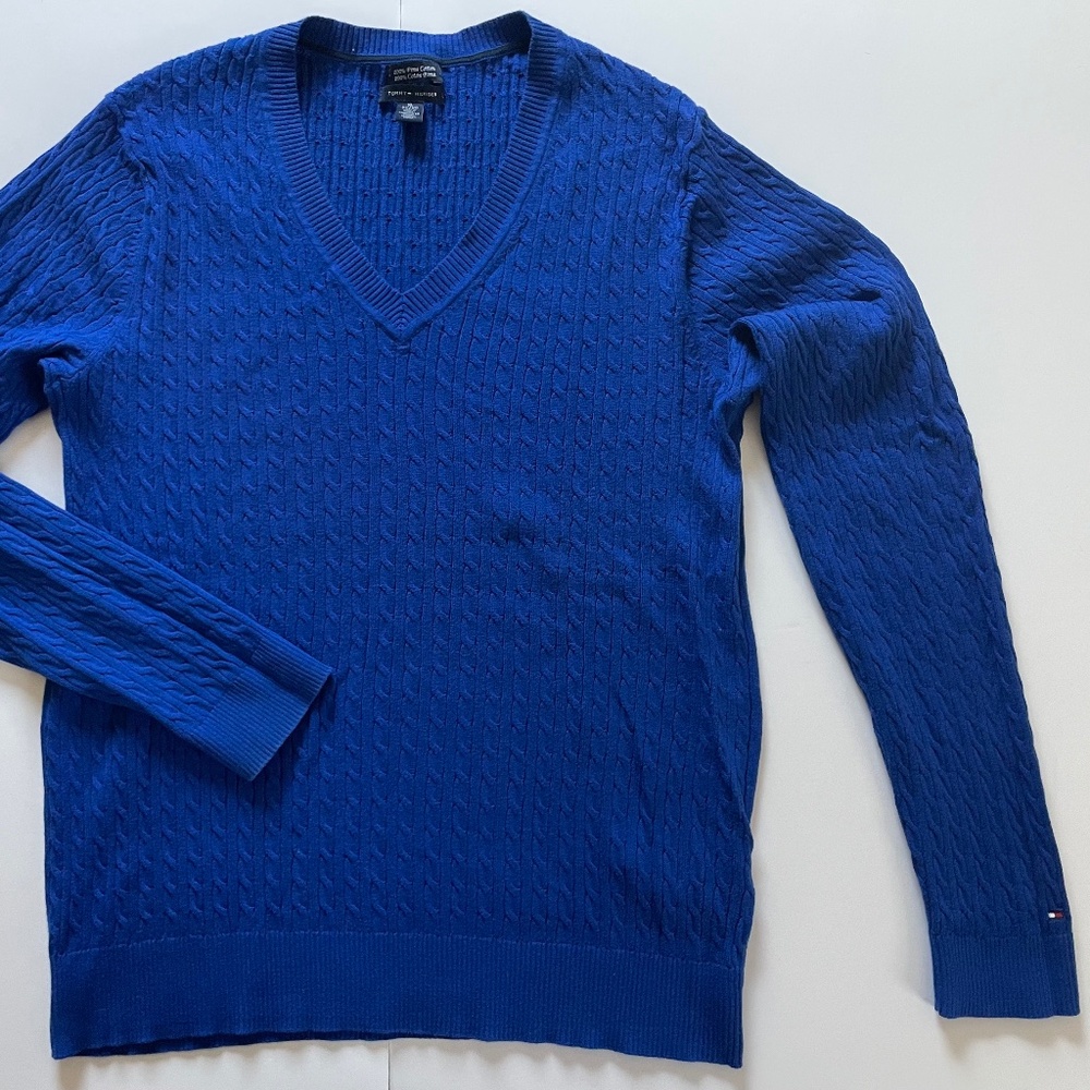 TOMMY HILFIGER 100% Pima Cotton Knit Sweater, royal blue Size XL (TG/XG), V-Neck